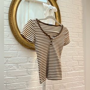 Brandy Melville Brown Stripped Henley T-Shirt